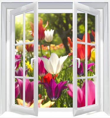 Фотообои с окном Вид на поле тюльпанов